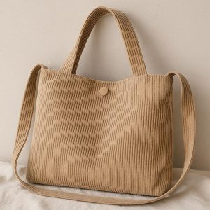 Trendy Corduroy Canvas Tote Bag Aesthetic Ribbed Shoulder Purse Large Capacity Casual School Book Bag with Button